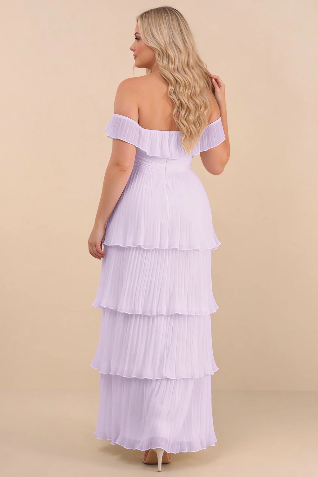 Rear view on a second model of Seraphina lilac tiered ruffle maxi dress with a long flowing skirt