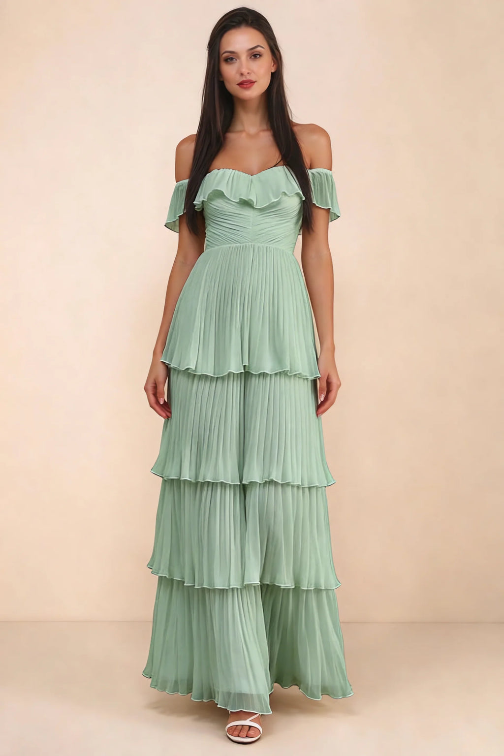 Front studio view of Seraphina matcha green tiered ruffle maxi dress with a long flowing skirt