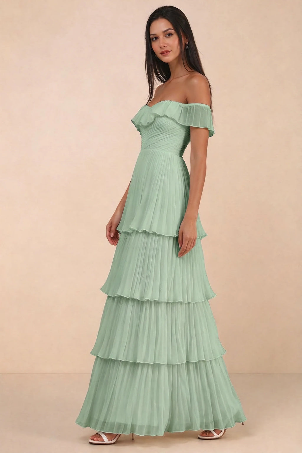 Alternate front studio view of Seraphina matcha green tiered ruffle maxi dress with a long flowing skirt