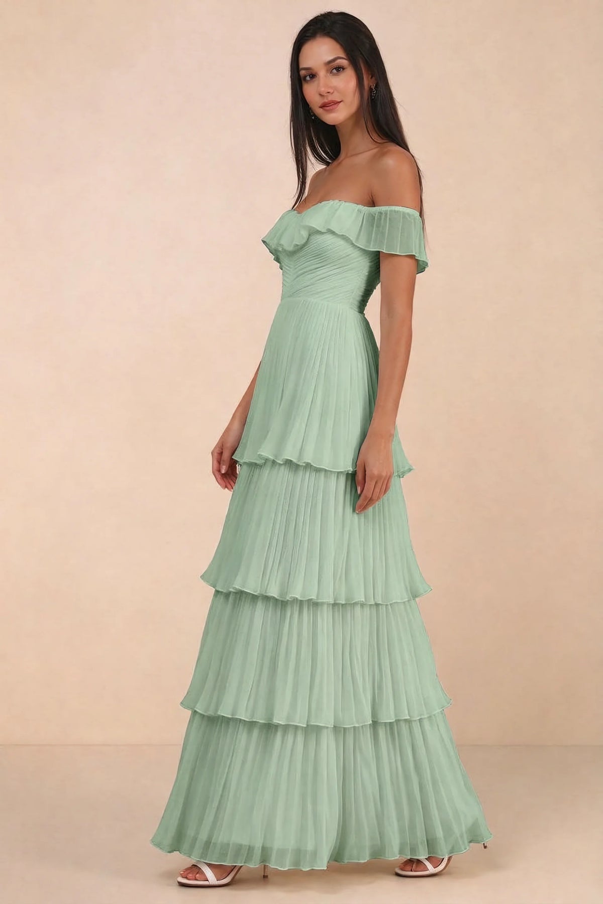 Alternate front studio view of Seraphina matcha green tiered ruffle maxi dress with a long flowing skirt
