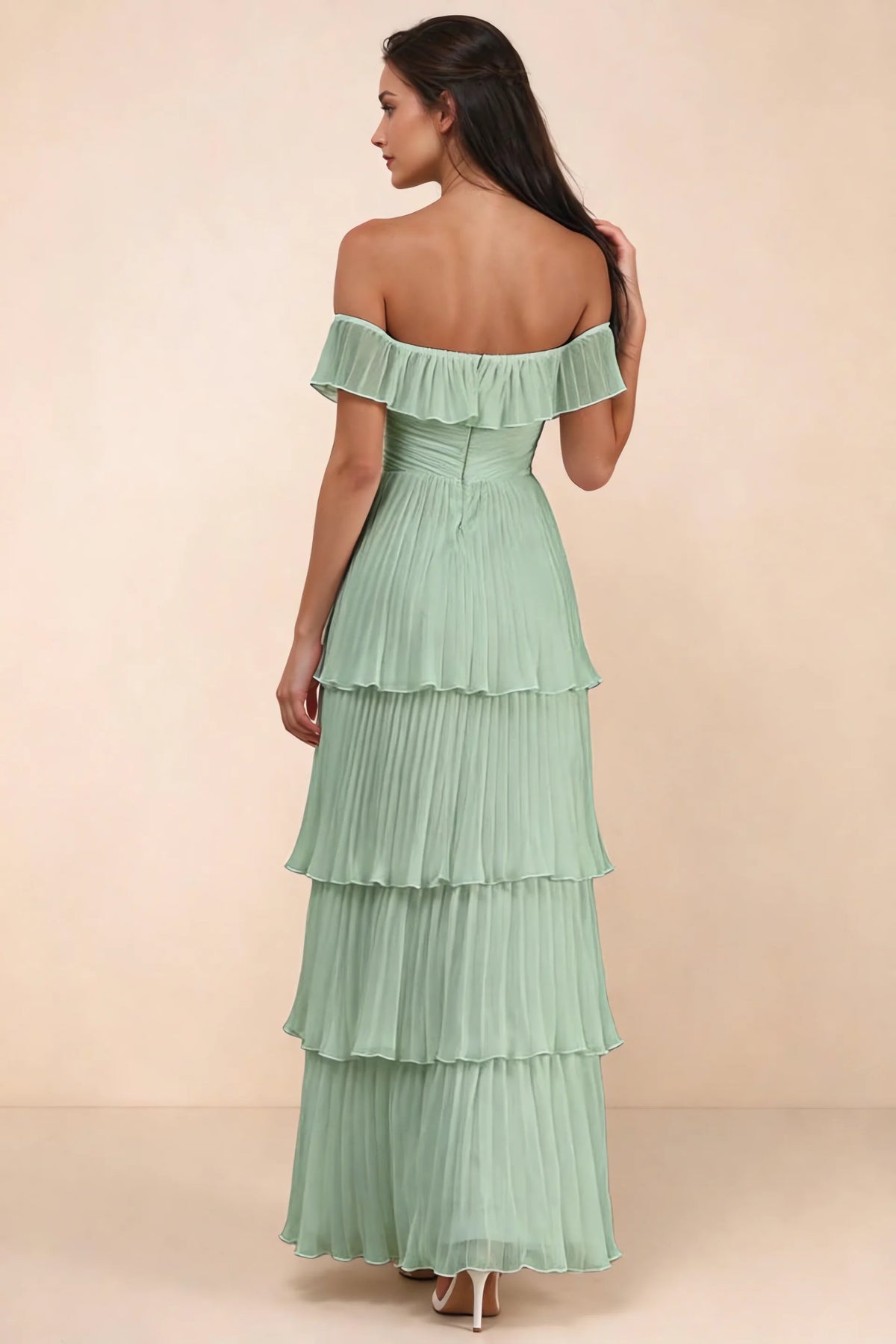 Rear studio view of Seraphina matcha green tiered ruffle maxi dress with a long flowing skirt
