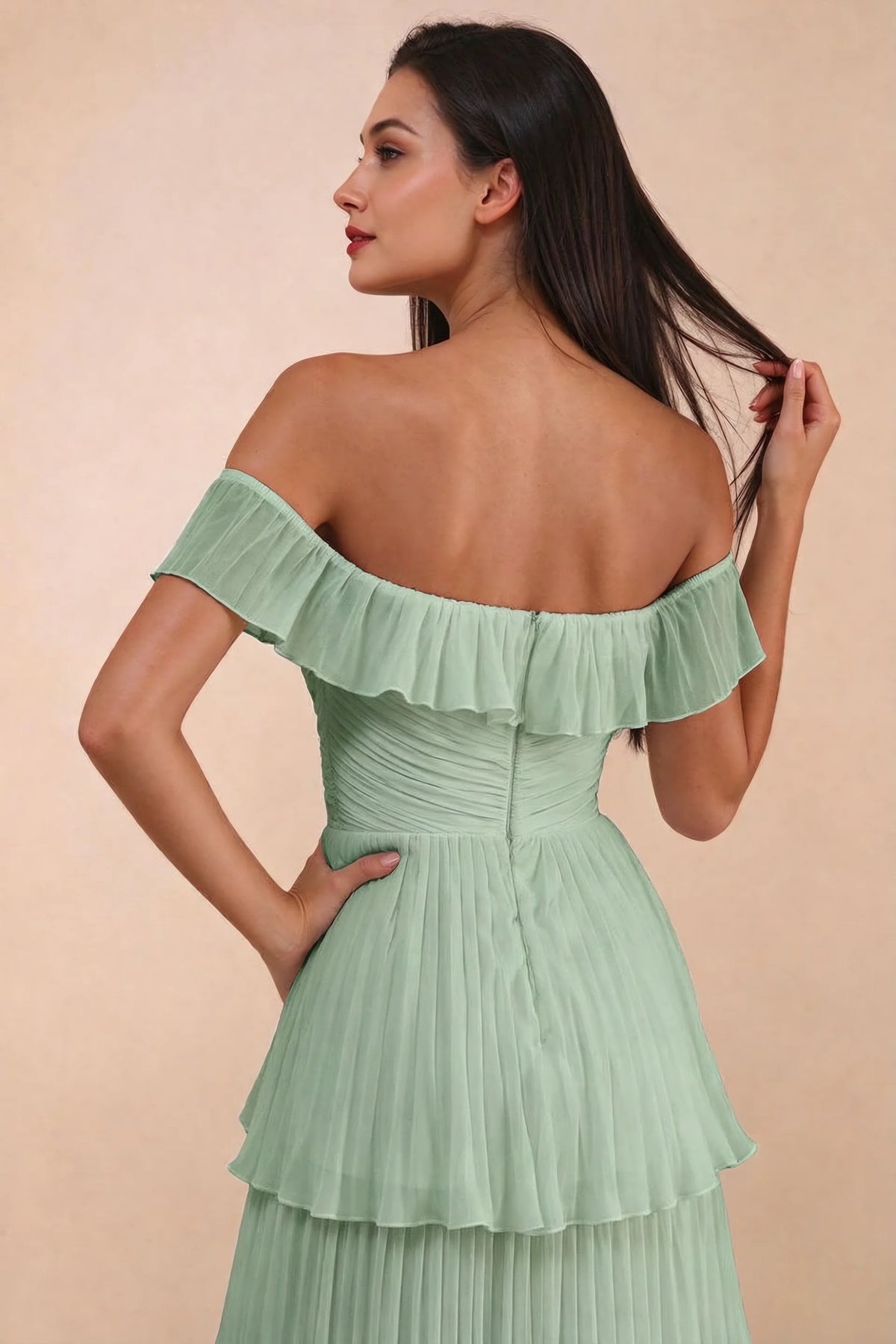 Close-up of back neckline ruffle, ruching and centre-back zipper of Seraphina matcha green tiered ruffle maxi dress