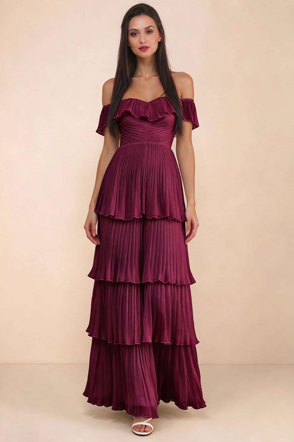 Front studio view of Seraphina merlot tiered ruffle maxi dress with a long flowing skirt