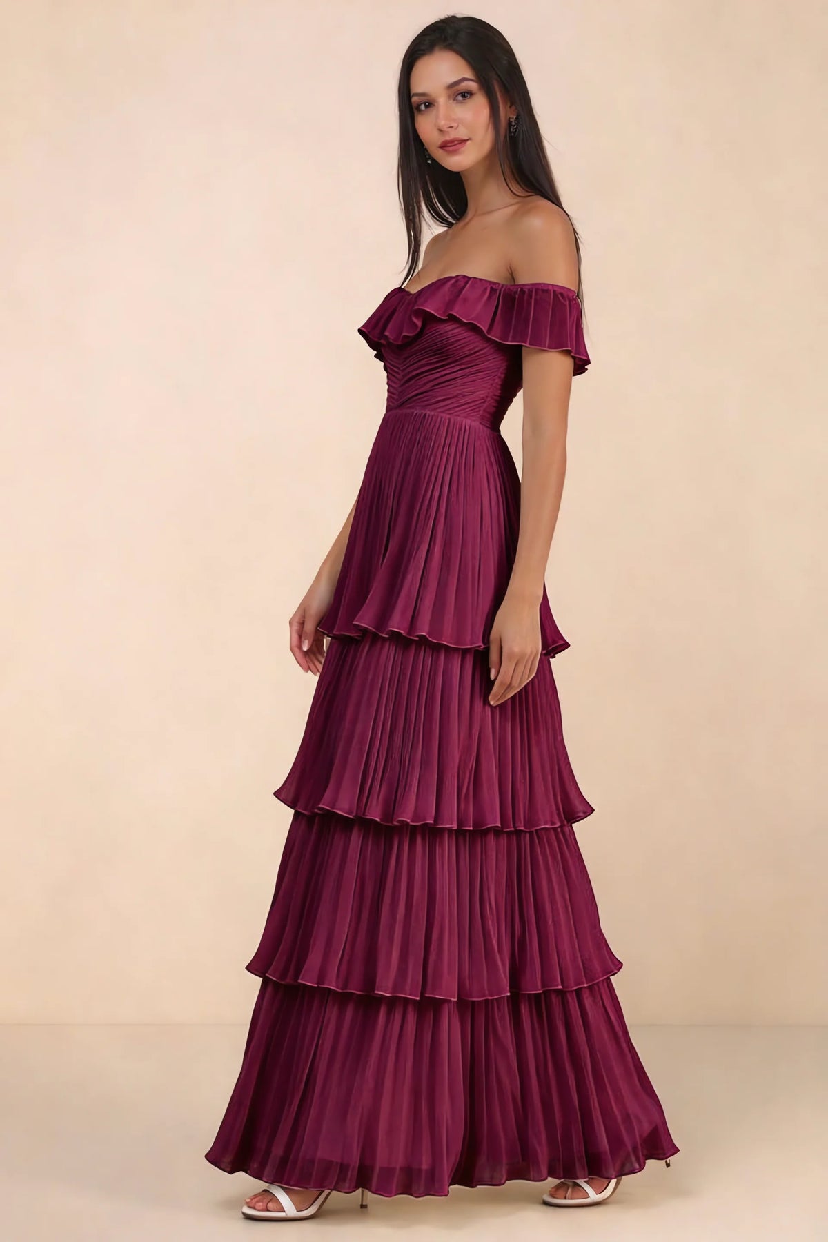 Alternate front studio view of Seraphina merlot tiered ruffle maxi dress with a long flowing skirt