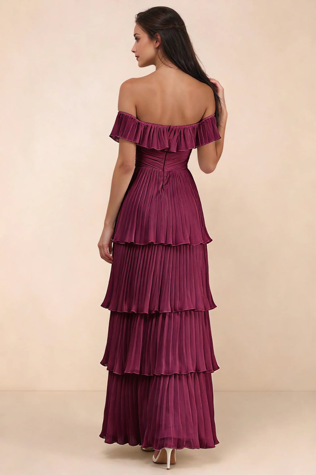Rear studio view of Seraphina merlot tiered ruffle maxi dress with a long flowing skirt