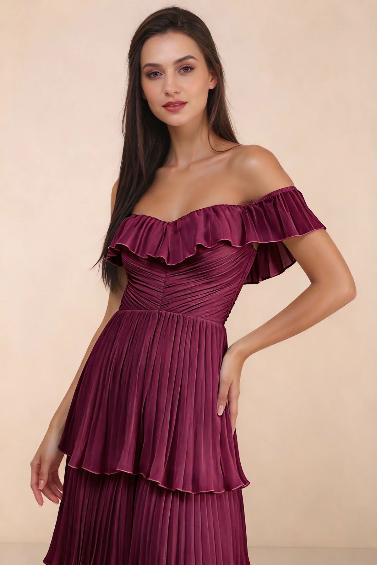 Close-up of shallow sweetheart neckline and off-shoulder ruffle and tiered skirt of Seraphina merlot tiered ruffle maxi dress