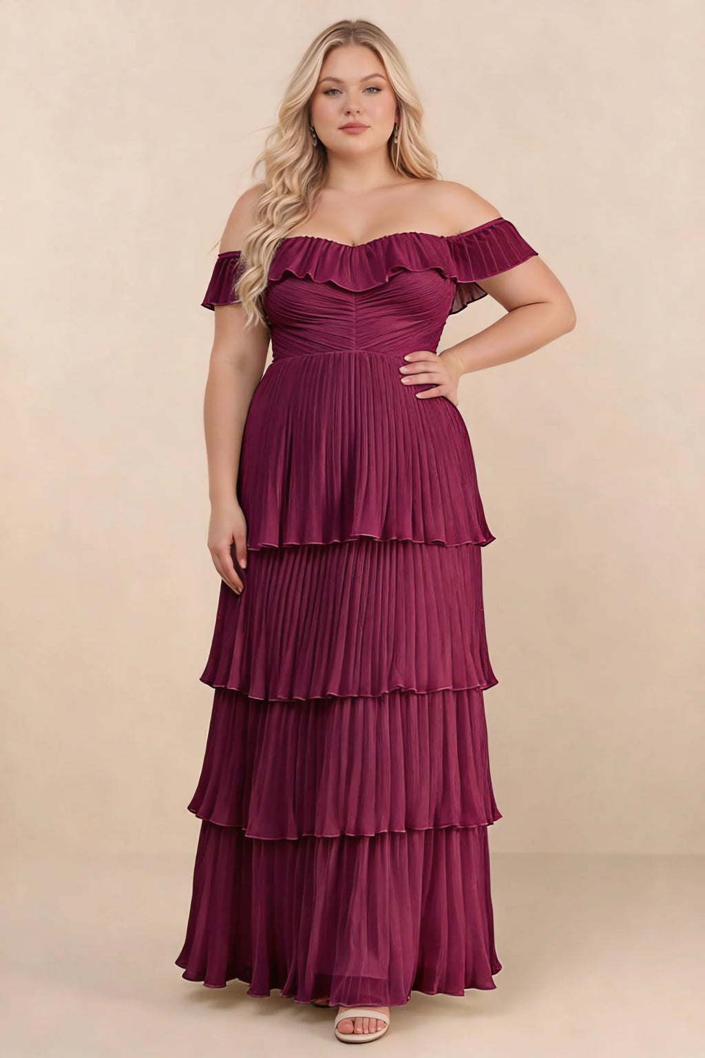 Front view on a second model of Seraphina merlot tiered ruffle maxi dress with a long flowing skirt