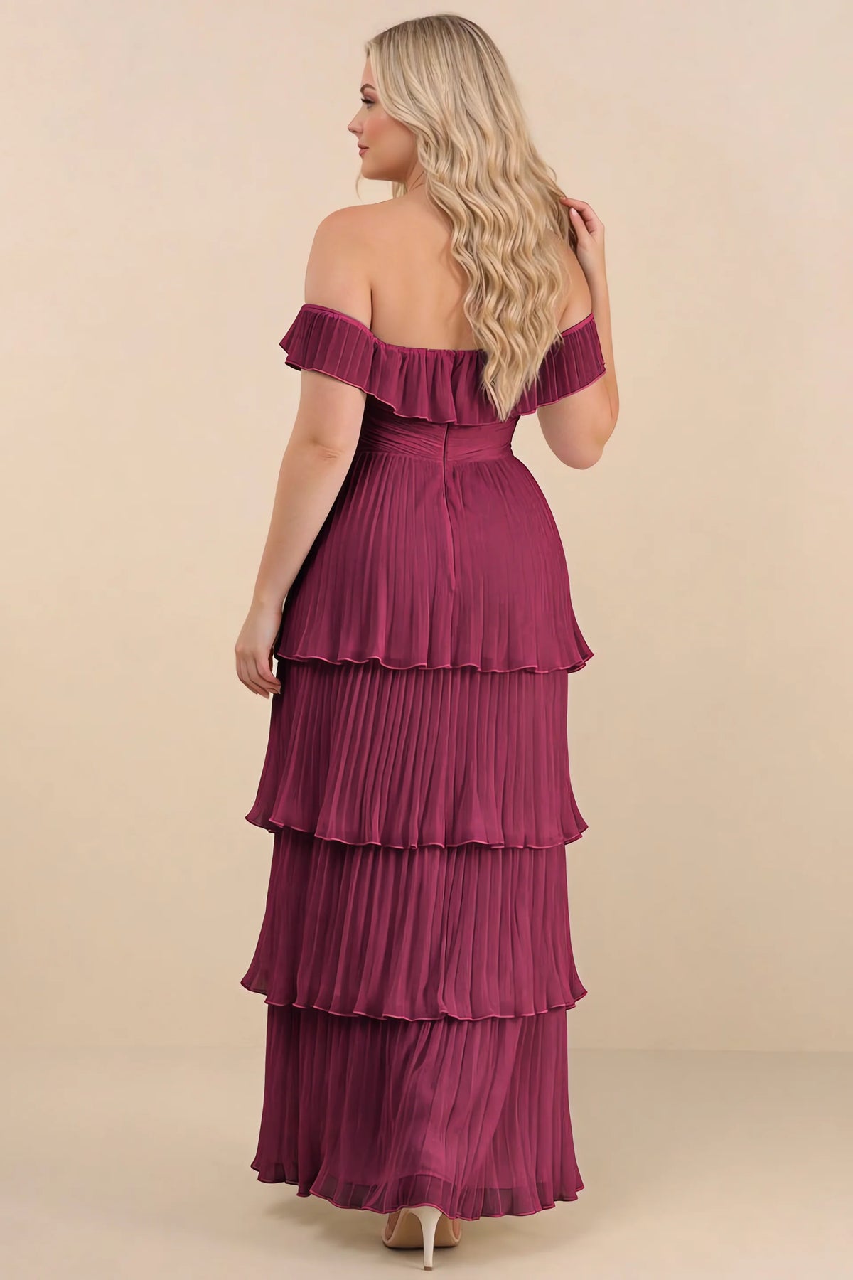 Rear view on a second model of Seraphina merlot tiered ruffle maxi dress with a long flowing skirt