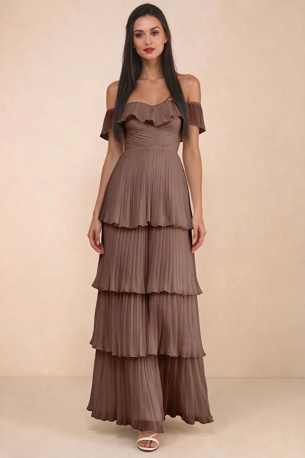 Alternate front studio view of Seraphina mocha tiered ruffle maxi dress with a long flowing skirt