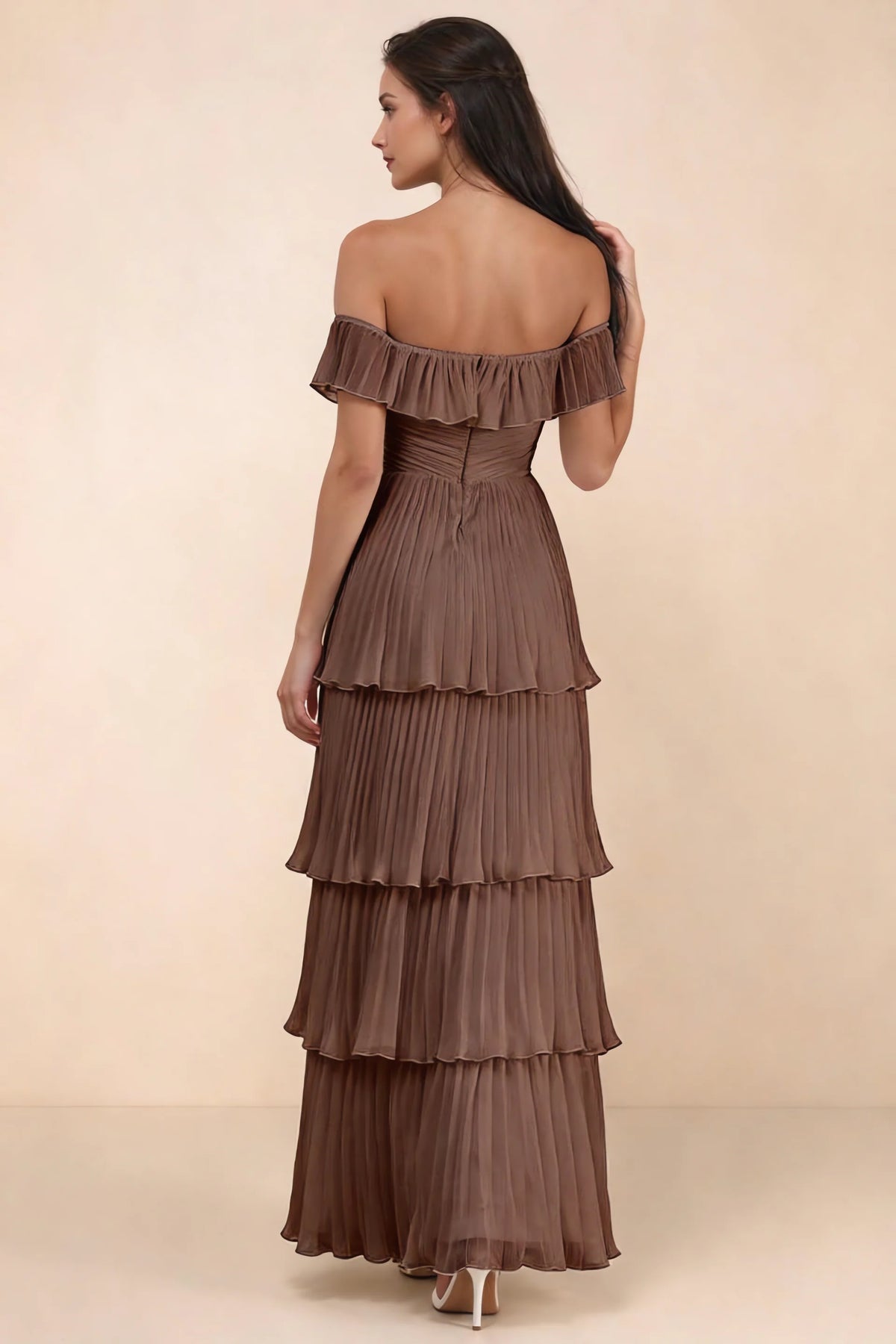 Rear studio view of Seraphina mocha tiered ruffle maxi dress with a long flowing skirt