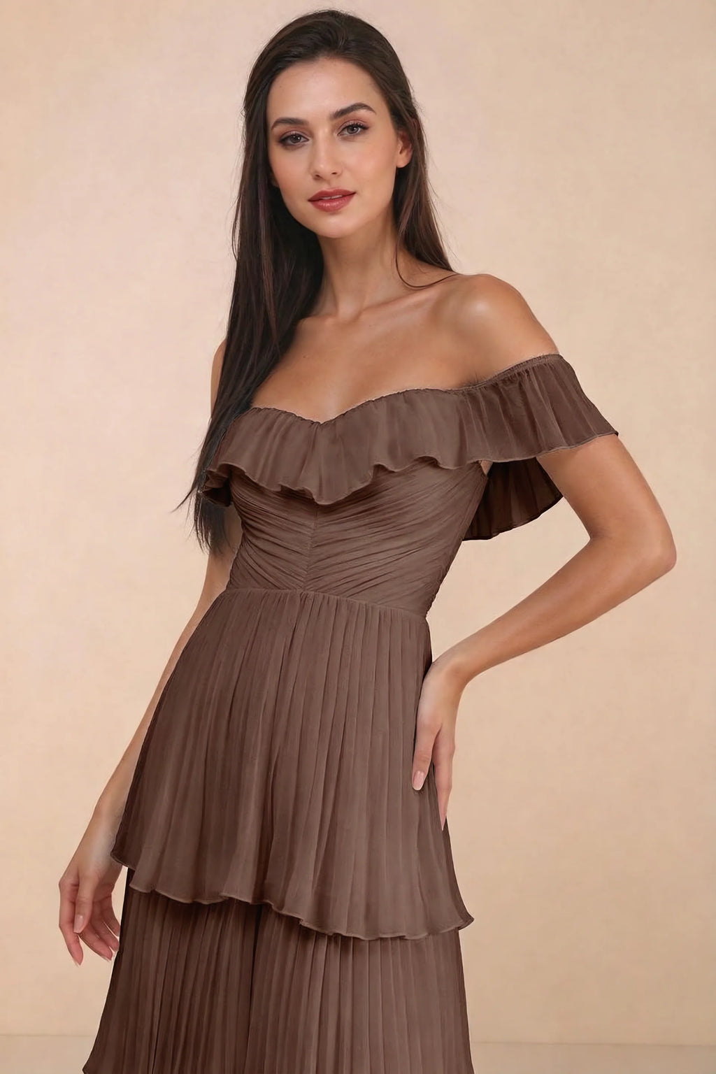 Close-up of shallow sweetheart neckline and off-shoulder ruffle and tiered skirt of Seraphina mocha tiered ruffle maxi dress