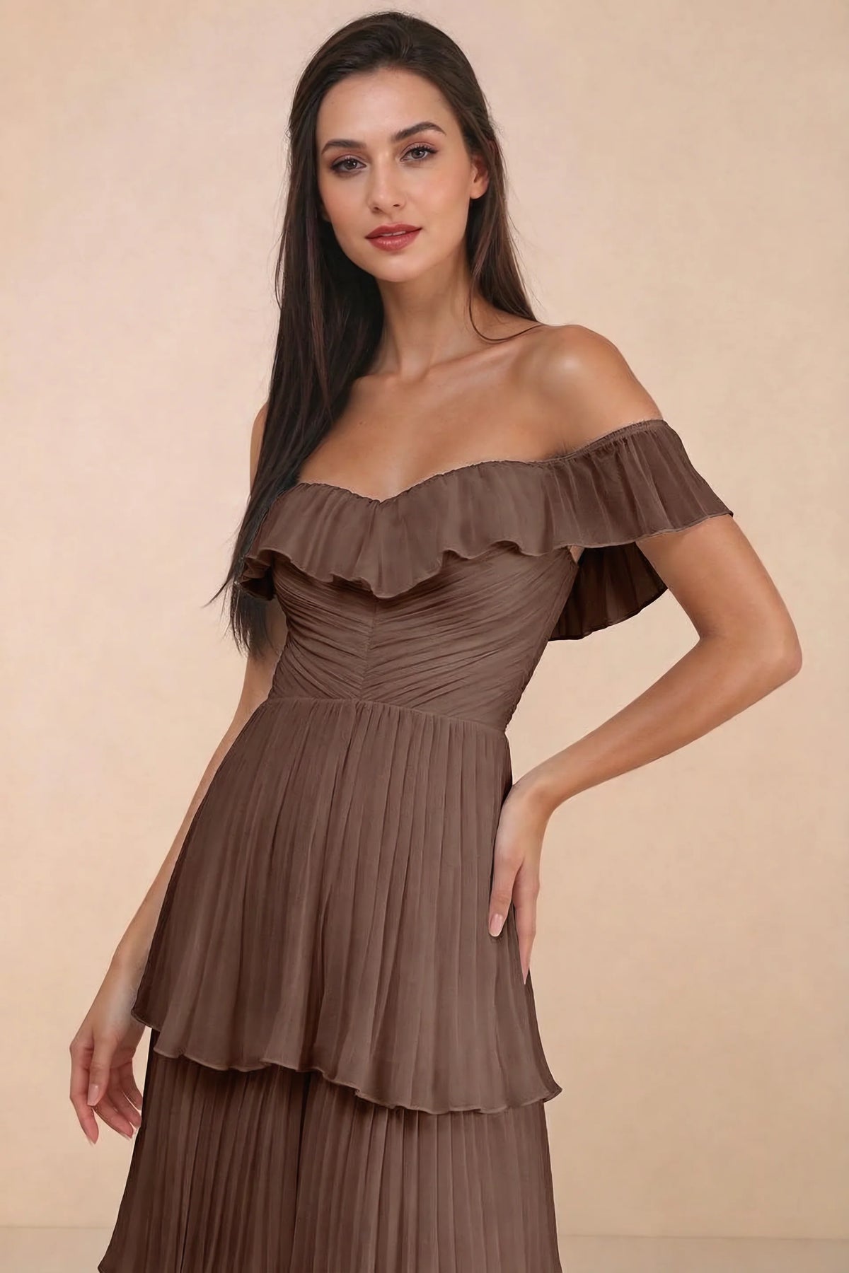 Close-up of shallow sweetheart neckline and off-shoulder ruffle and tiered skirt of Seraphina mocha tiered ruffle maxi dress