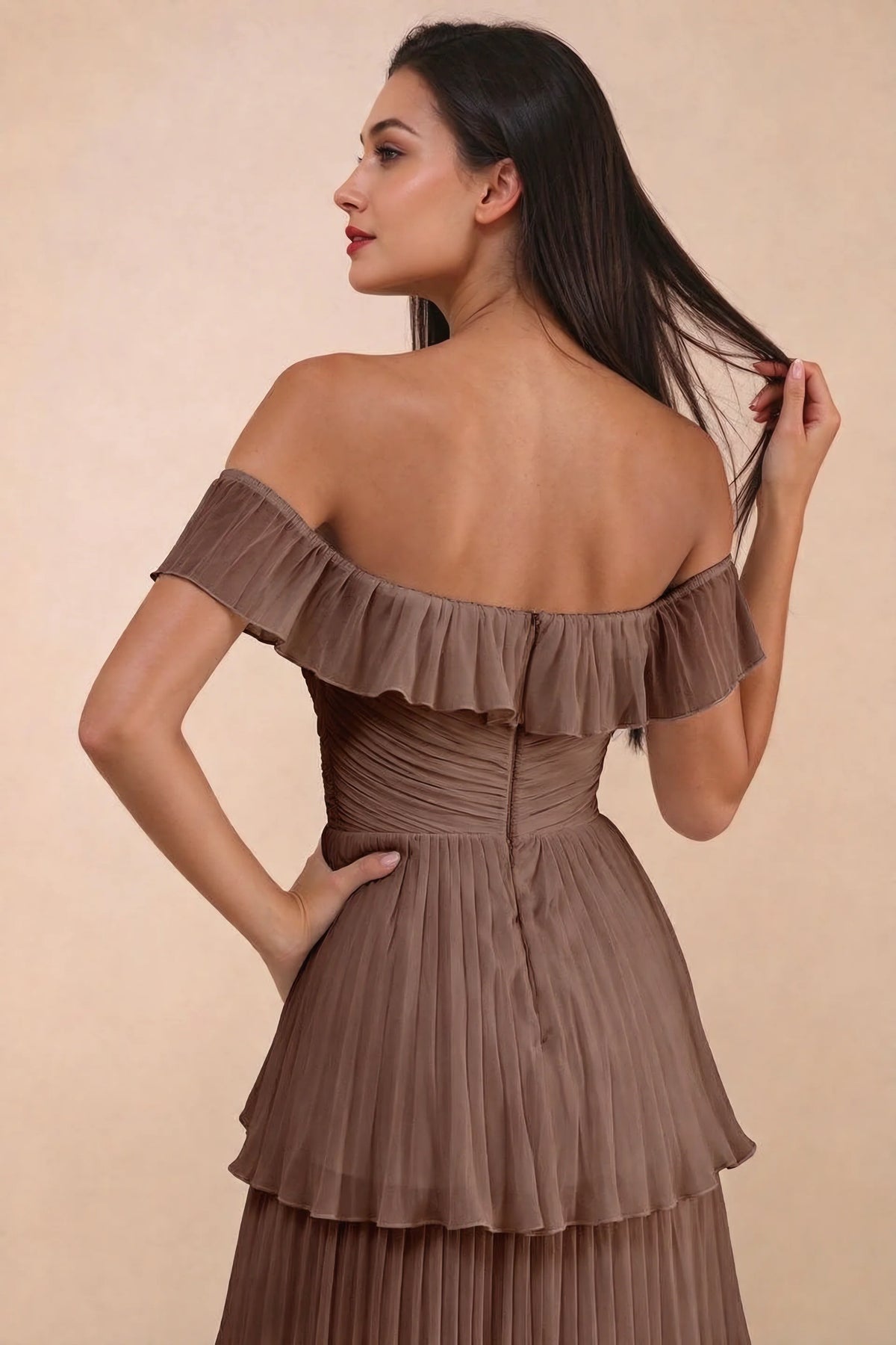 Close-up of back neckline ruffle, ruching and centre-back zipper of Seraphina mocha tiered ruffle maxi dress