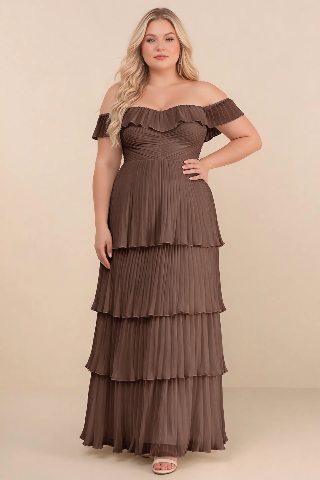 Front view on a second model of Seraphina mocha tiered ruffle maxi dress with a long flowing skirt