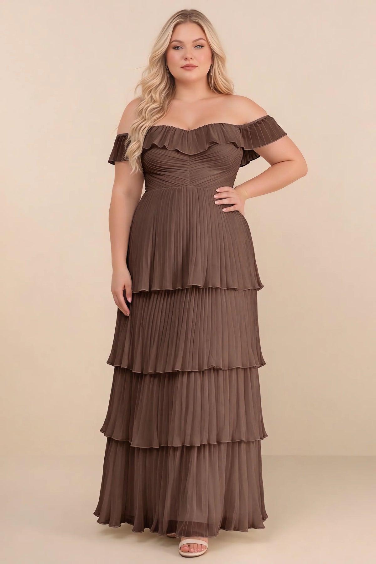 Front view on a second model of Seraphina mocha tiered ruffle maxi dress with a long flowing skirt