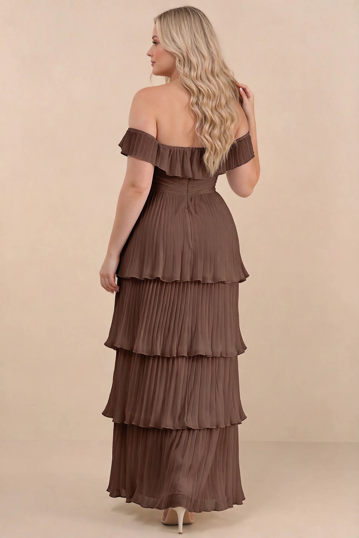 Rear view on a second model of Seraphina mocha tiered ruffle maxi dress with a long flowing skirt