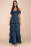 Front studio view of Seraphina navy tiered ruffle maxi dress with a long flowing skirt
