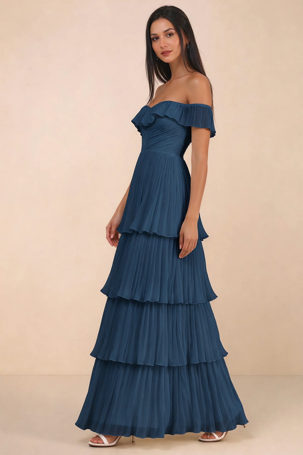 Alternate front studio view of Seraphina navy tiered ruffle maxi dress with a long flowing skirt