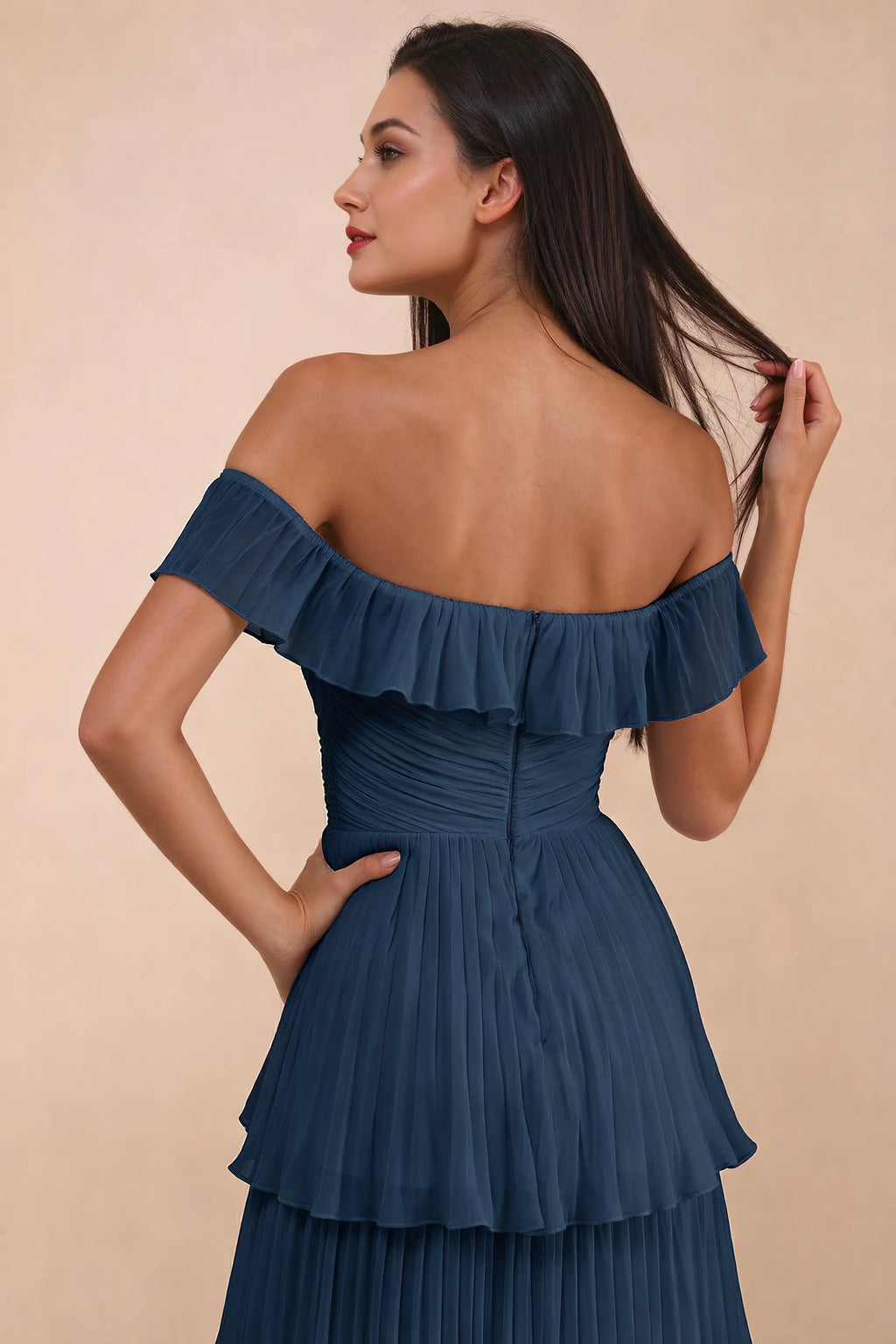 Close-up of back neckline ruffle, ruching and centre-back zipper of Seraphina navy tiered ruffle maxi dress