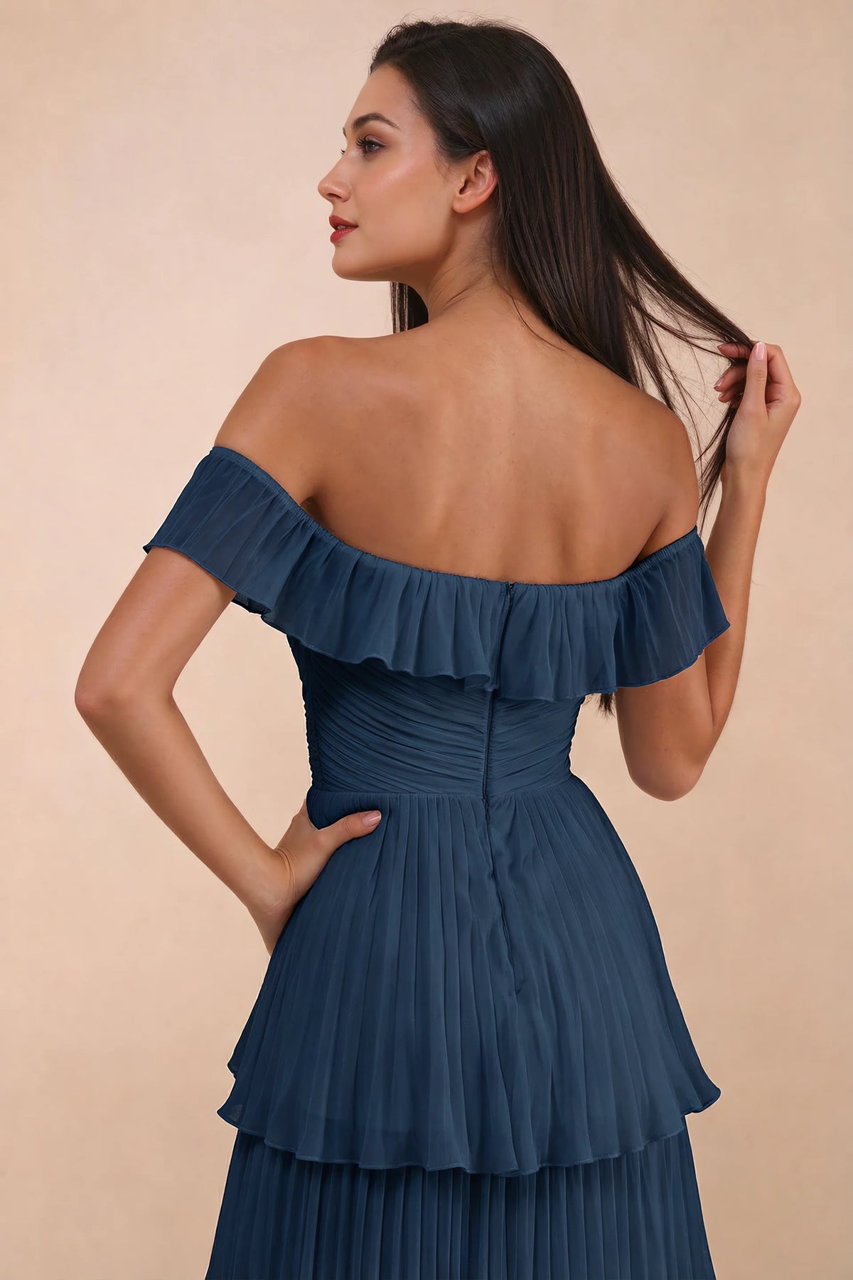 Close-up of back neckline ruffle, ruching and centre-back zipper of Seraphina navy tiered ruffle maxi dress