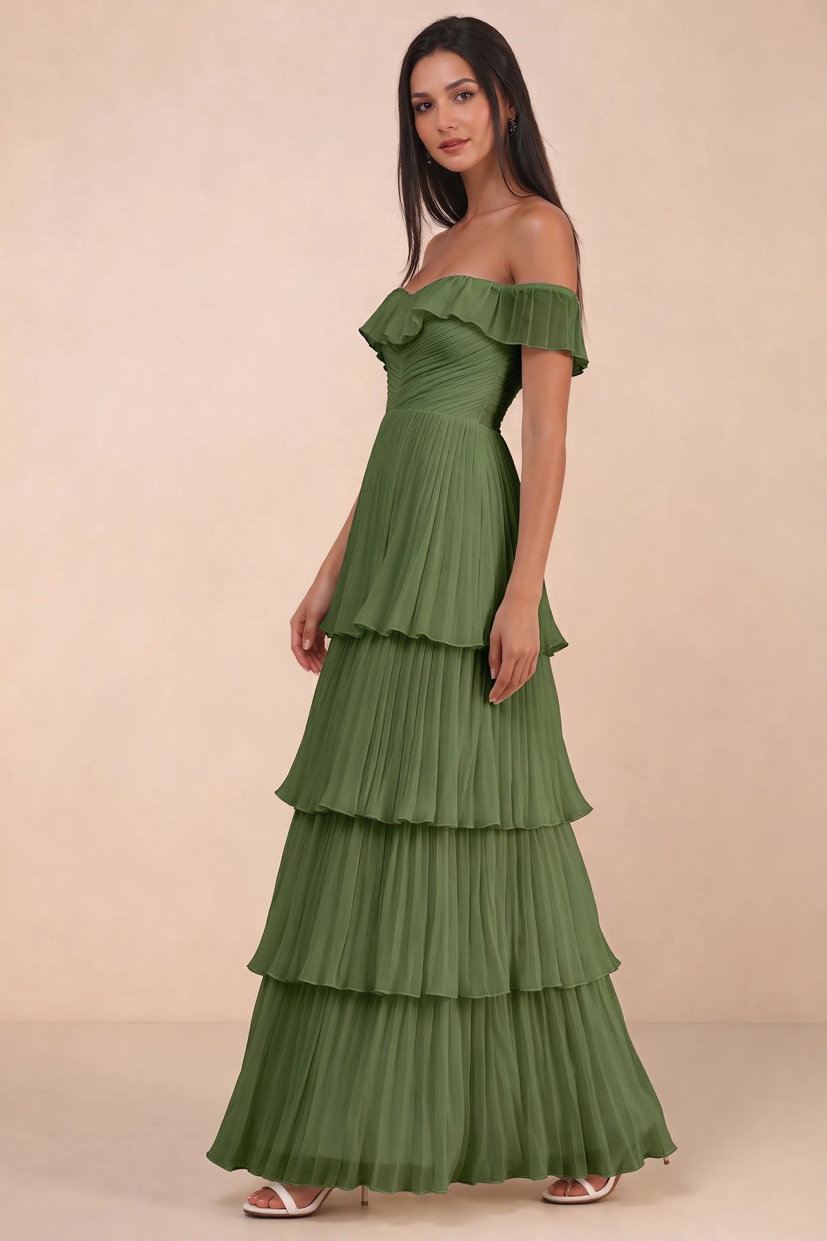Front studio view of Seraphina olive green tiered ruffle maxi dress with a long flowing skirt