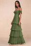Front studio view of Seraphina olive green tiered ruffle maxi dress with a long flowing skirt