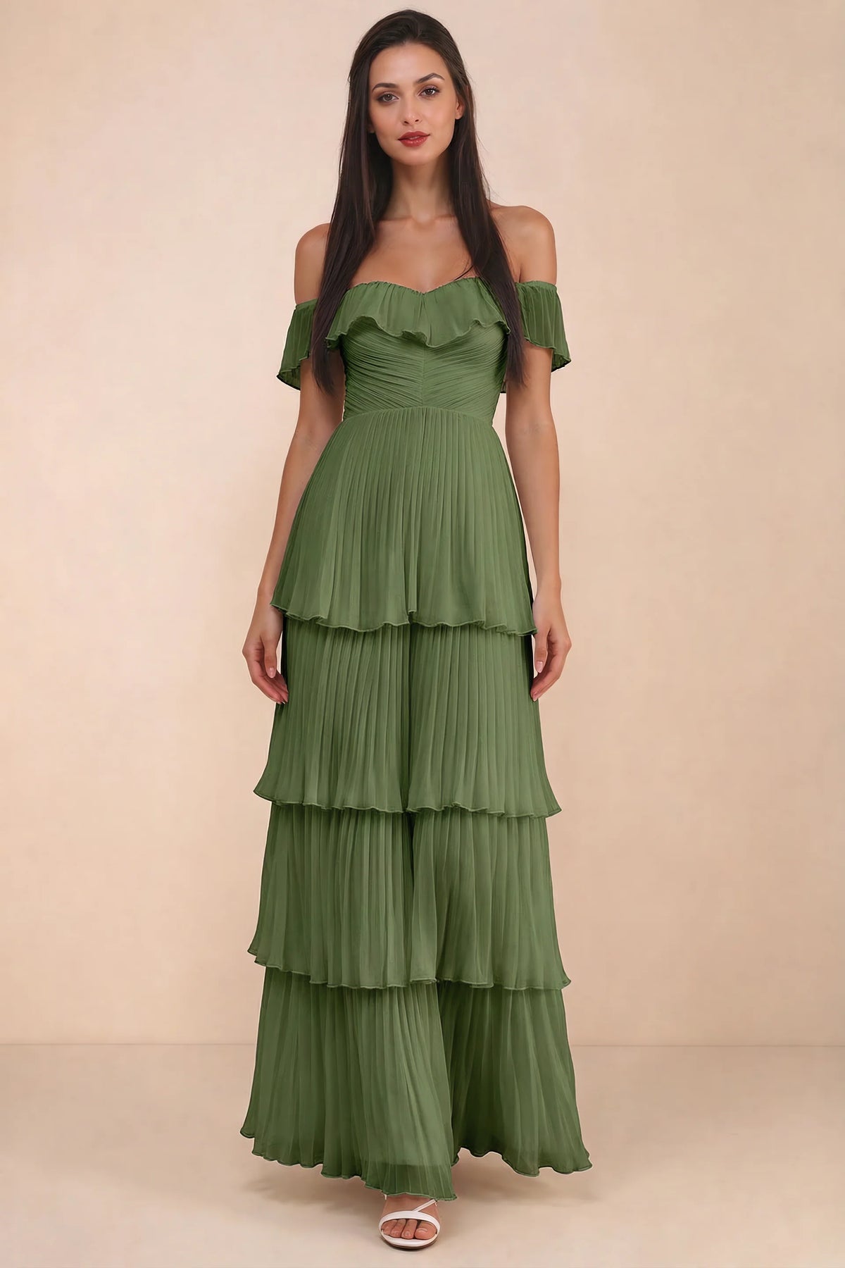 Alternate front studio view of Seraphina olive green tiered ruffle maxi dress with a long flowing skirt