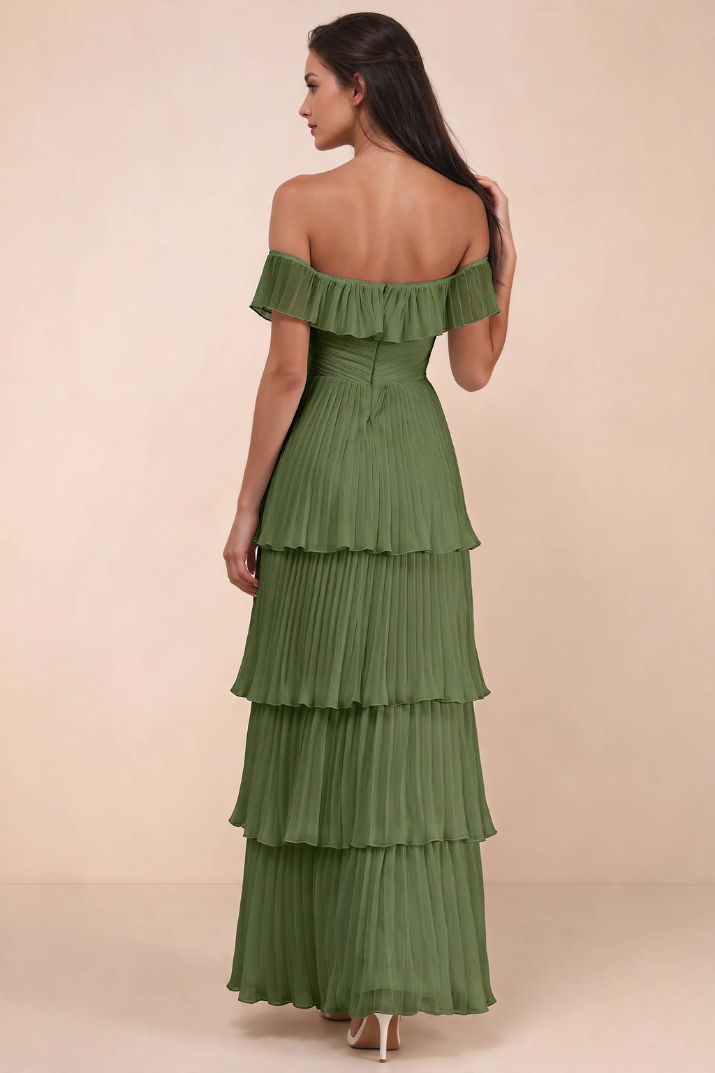 Rear studio view of Seraphina olive green tiered ruffle maxi dress with a long flowing skirt