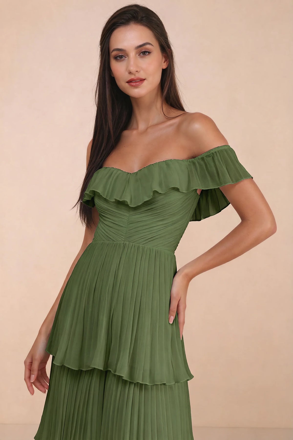 Close-up of shallow sweetheart neckline and off-shoulder ruffle and tiered skirt of Seraphina olive green tiered ruffle maxi dress
