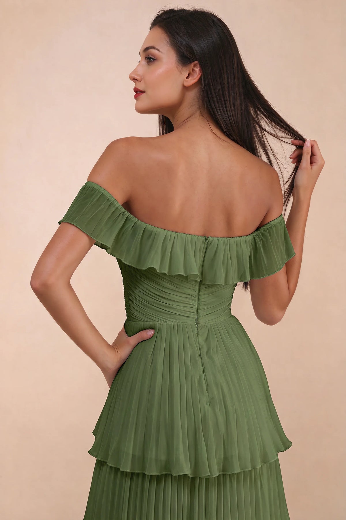 Close-up of back neckline ruffle, ruching and centre-back zipper of Seraphina olive green tiered ruffle maxi dress