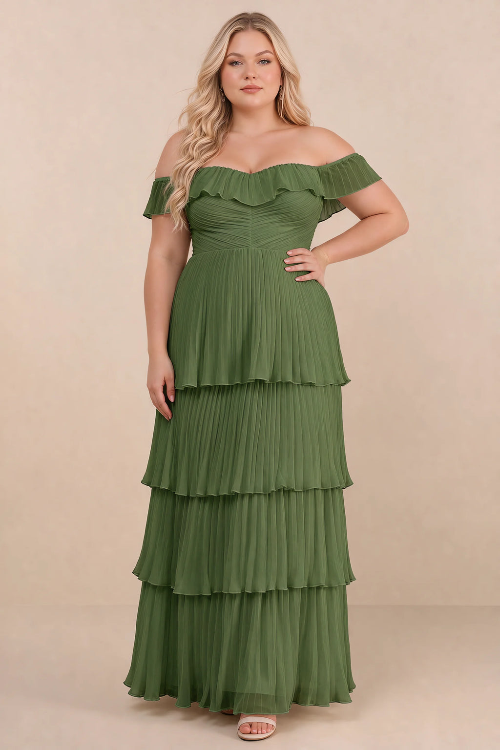 Front view on a second model of Seraphina olive green tiered ruffle maxi dress with a long flowing skirt