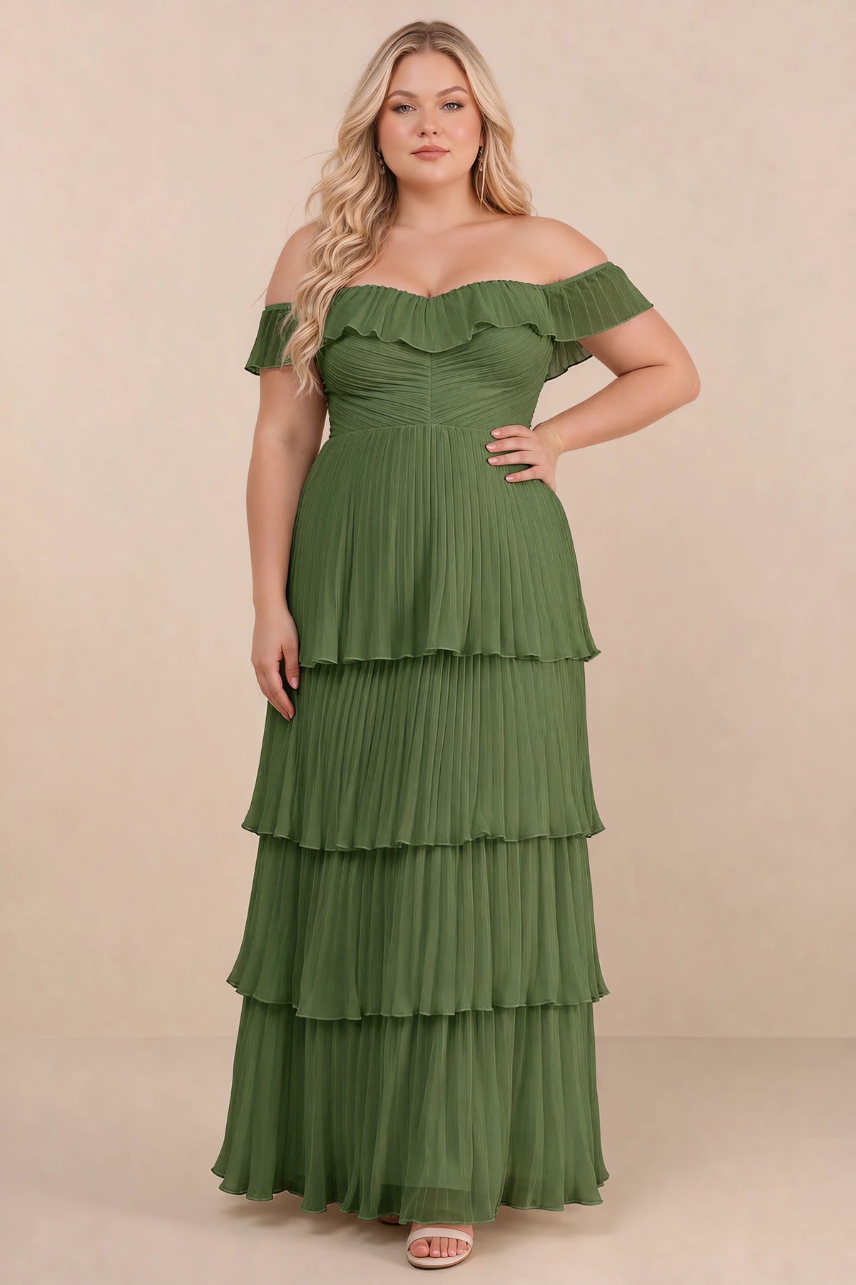 Front view on a second model of Seraphina olive green tiered ruffle maxi dress with a long flowing skirt