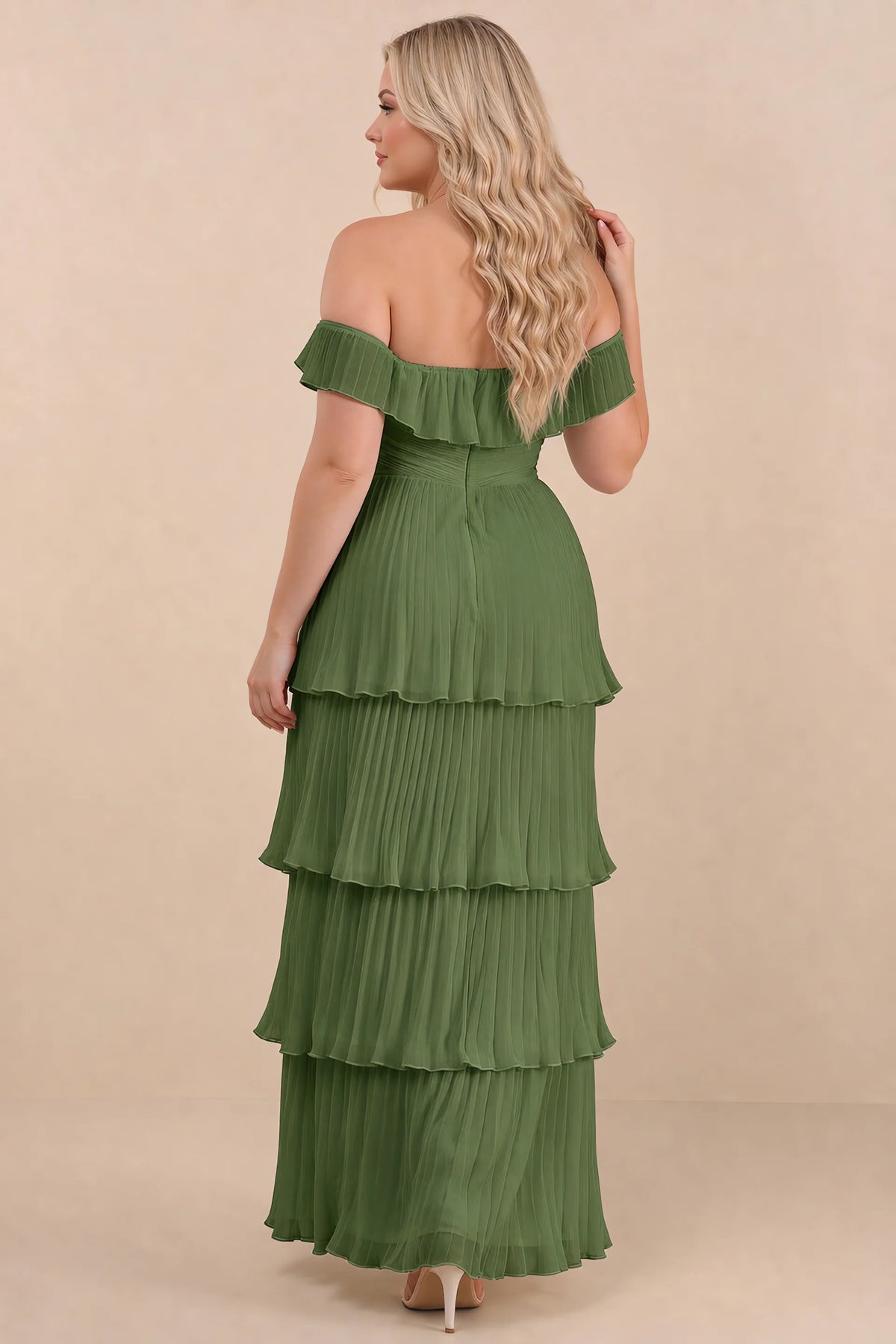 Rear view on a second model of Seraphina olive green tiered ruffle maxi dress with a long flowing skirt