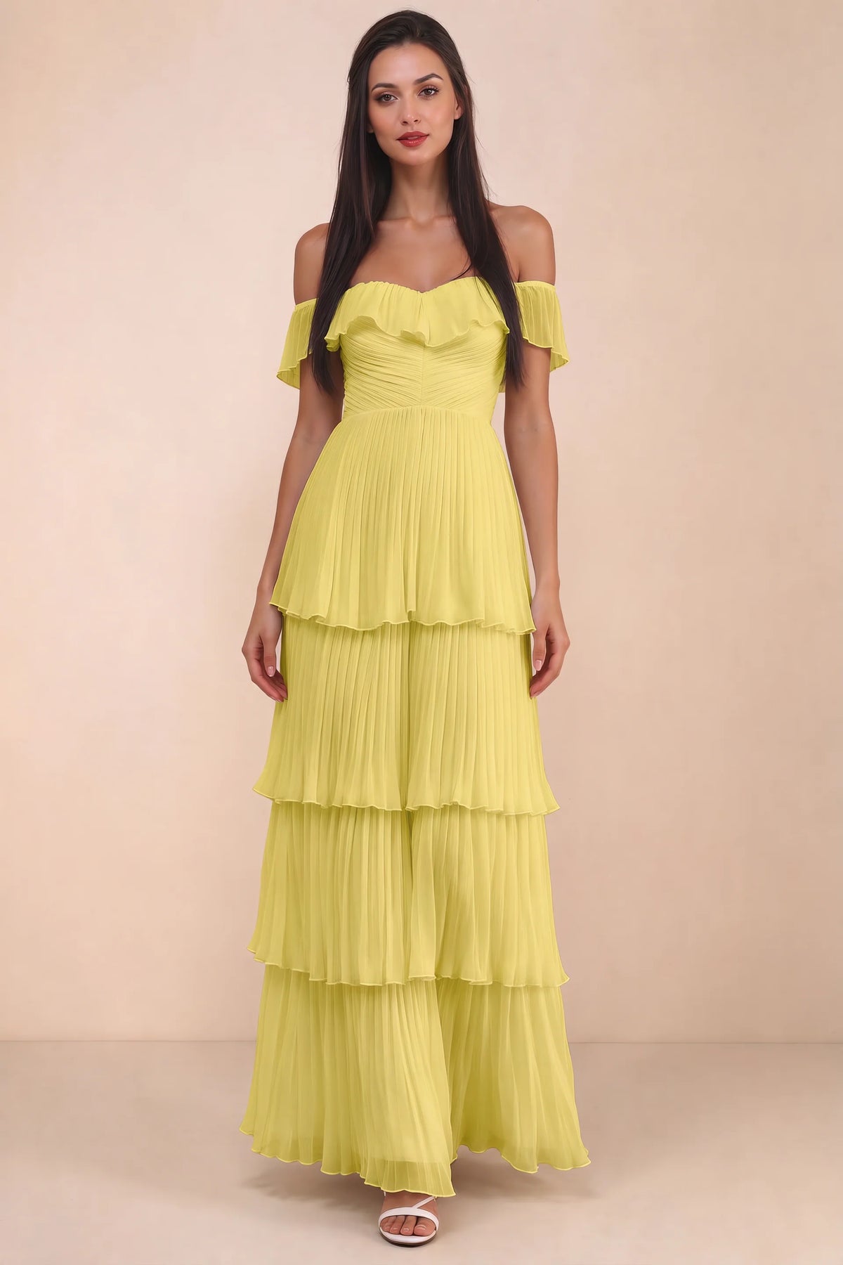 Front studio view of Seraphina pastel yellow tiered ruffle maxi dress with a long flowing skirt