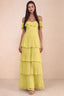Front studio view of Seraphina pastel yellow tiered ruffle maxi dress with a long flowing skirt