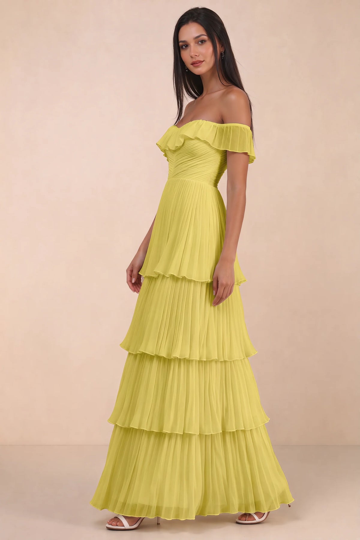 Alternate front studio view of Seraphina pastel yellow tiered ruffle maxi dress with a long flowing skirt