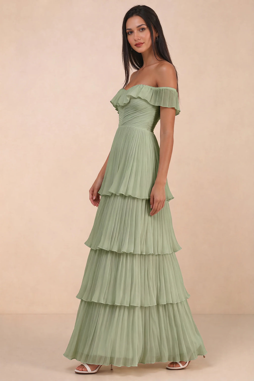 Alternate front studio view of Seraphina pistachio tiered ruffle maxi dress with a long flowing skirt