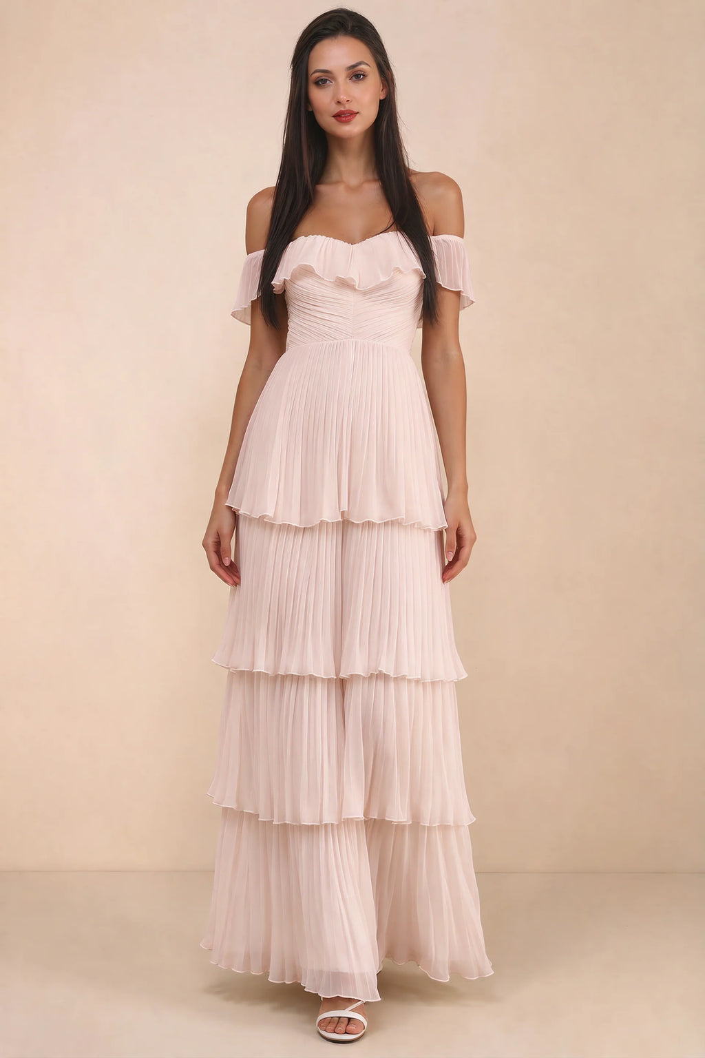 Front studio view of Seraphina powder pink tiered ruffle maxi dress with a long flowing skirt