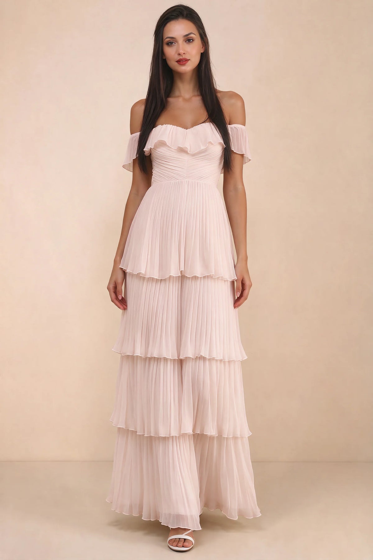 Front studio view of Seraphina powder pink tiered ruffle maxi dress with a long flowing skirt
