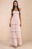 Front studio view of Seraphina powder pink tiered ruffle maxi dress with a long flowing skirt