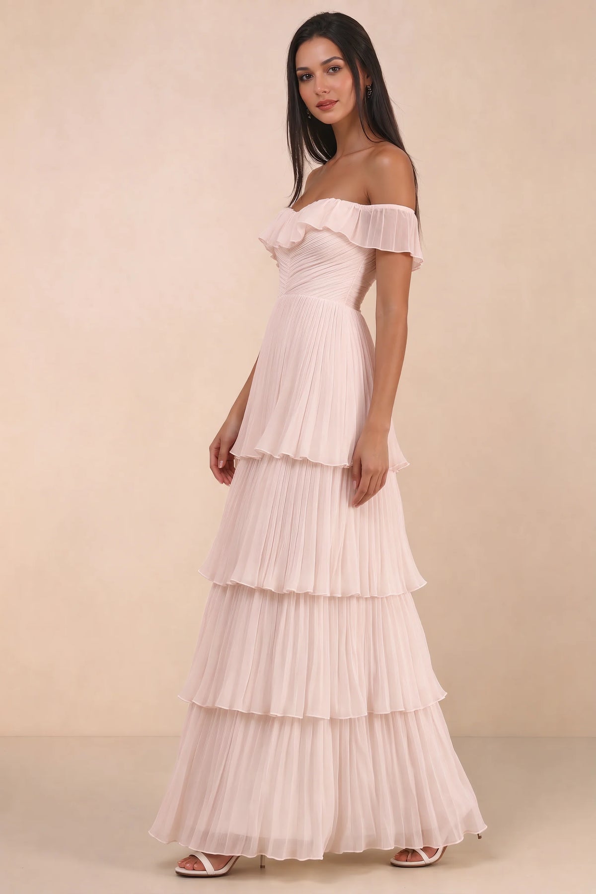 Alternate front studio view of Seraphina powder pink tiered ruffle maxi dress with a long flowing skirt