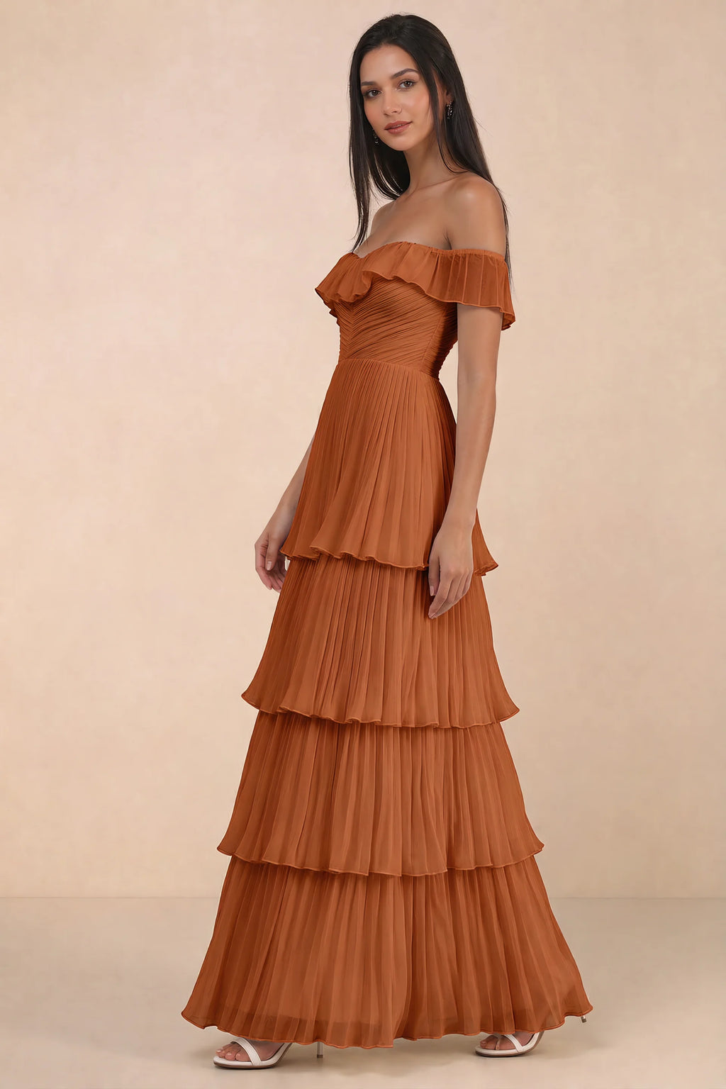 Alternate front studio view of Seraphina rust tiered ruffle maxi dress with a long flowing skirt