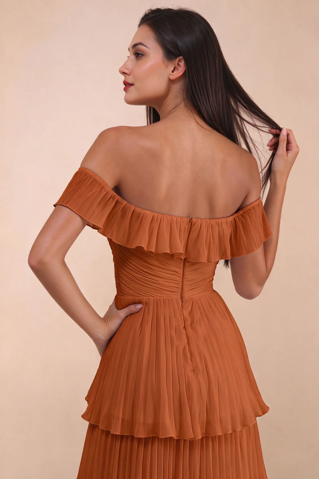 Close-up of back neckline ruffle, ruching and centre-back zipper of Seraphina rust tiered ruffle maxi dress