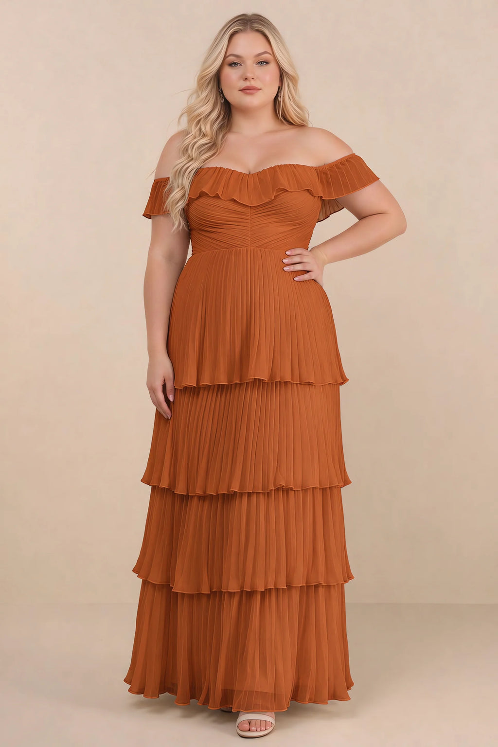 Front view on a second model of Seraphina rust tiered ruffle maxi dress with a long flowing skirt