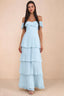 Front studio view of Seraphina sky blue tiered ruffle maxi dress with a long flowing skirt