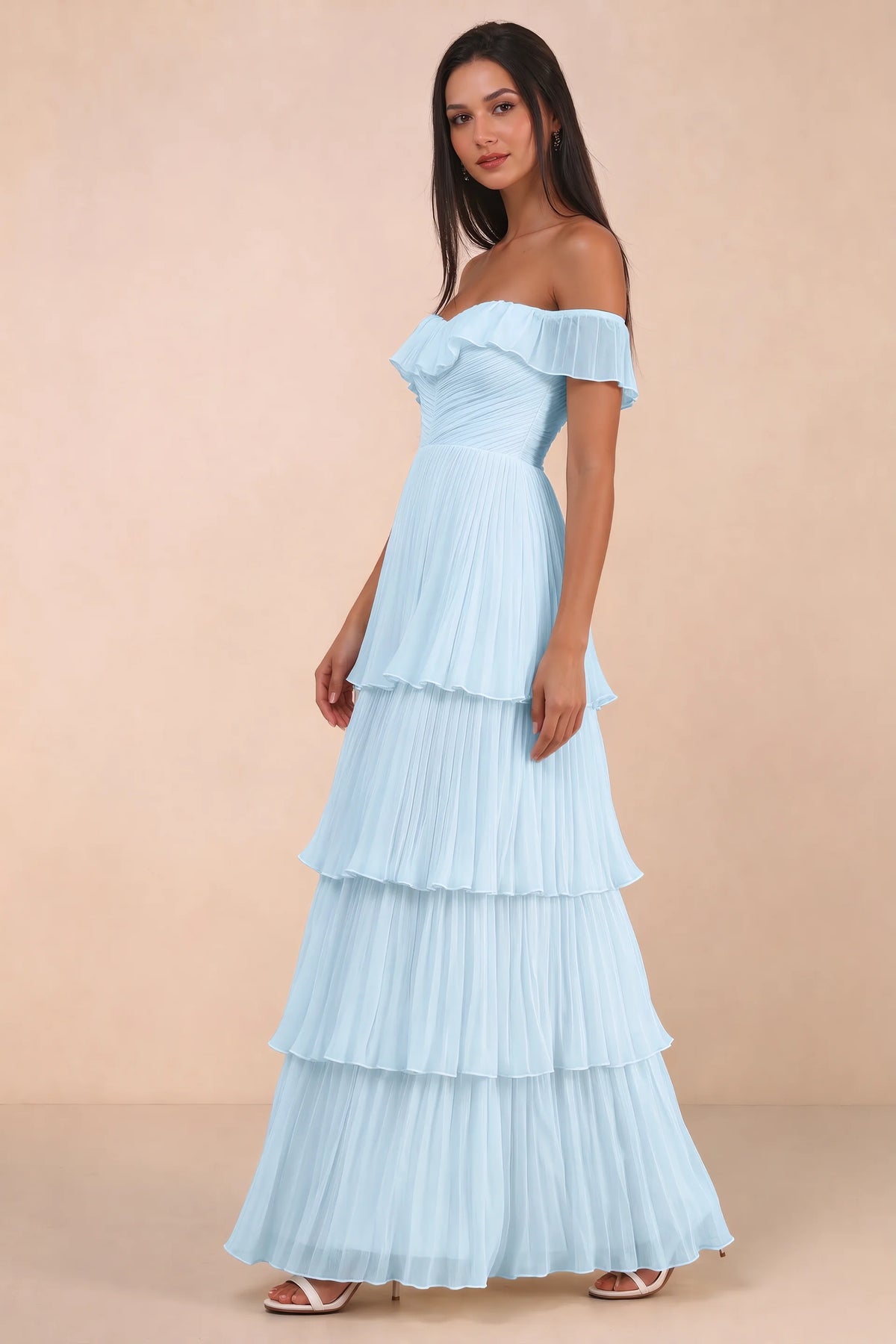 Alternate front studio view of Seraphina sky blue tiered ruffle maxi dress with a long flowing skirt