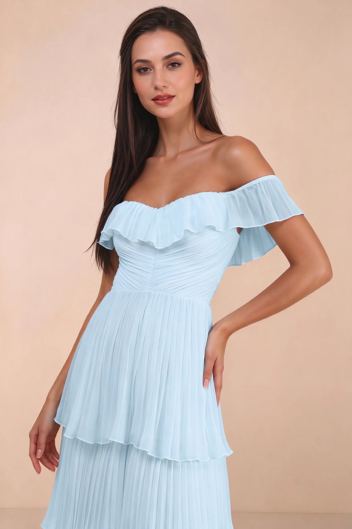 Close-up of shallow sweetheart neckline and off-shoulder ruffle and tiered skirt of Seraphina sky blue tiered ruffle maxi dress
