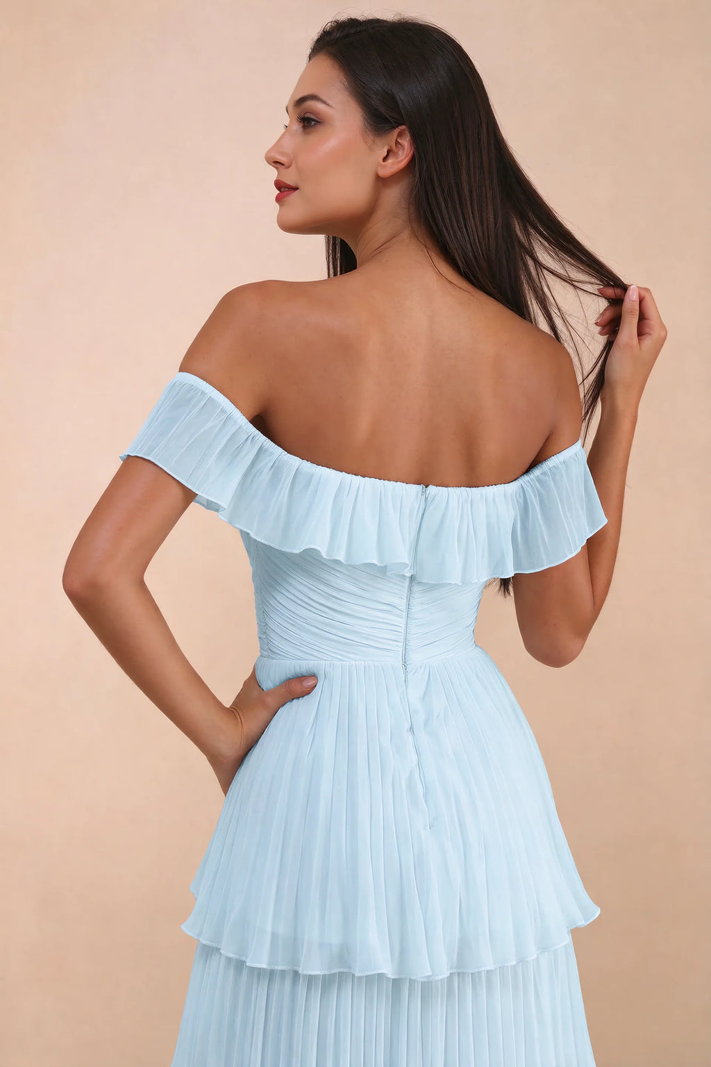 Close-up of back neckline ruffle, ruching and centre-back zipper of Seraphina sky blue tiered ruffle maxi dress