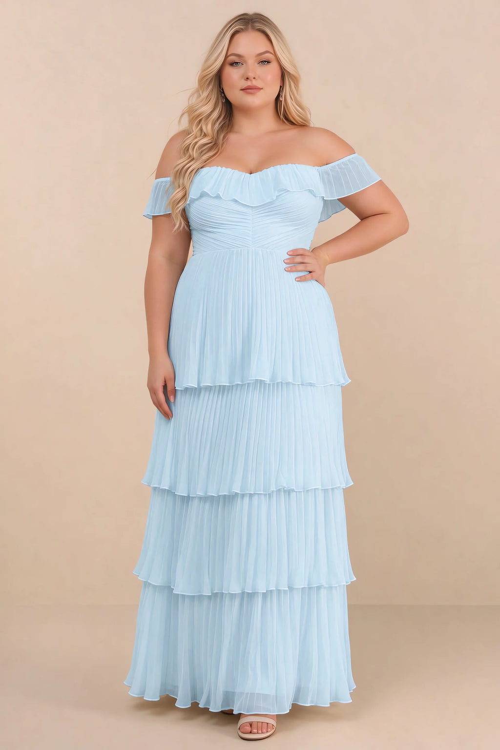Front view on a second model of Seraphina sky blue tiered ruffle maxi dress with a long flowing skirt