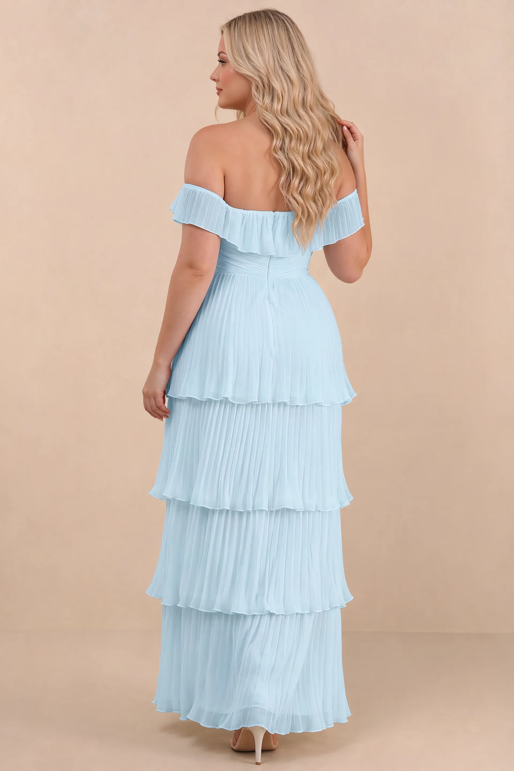 Rear view on a second model of Seraphina sky blue tiered ruffle maxi dress with a long flowing skirt
